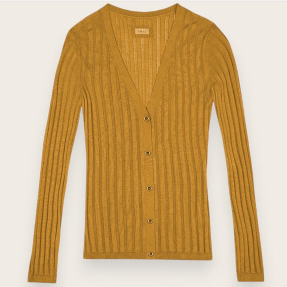 Aman Ribbed Cashmere Silk Cardigan XS Yellow Ochre Sweater Luxury Old Money